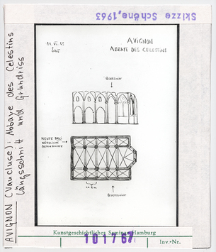 Vorschaubild Avignon: Abbaye des Célestins, Längsschnitt und Grundriss, Skizze Wolfgang Schöne 1963 